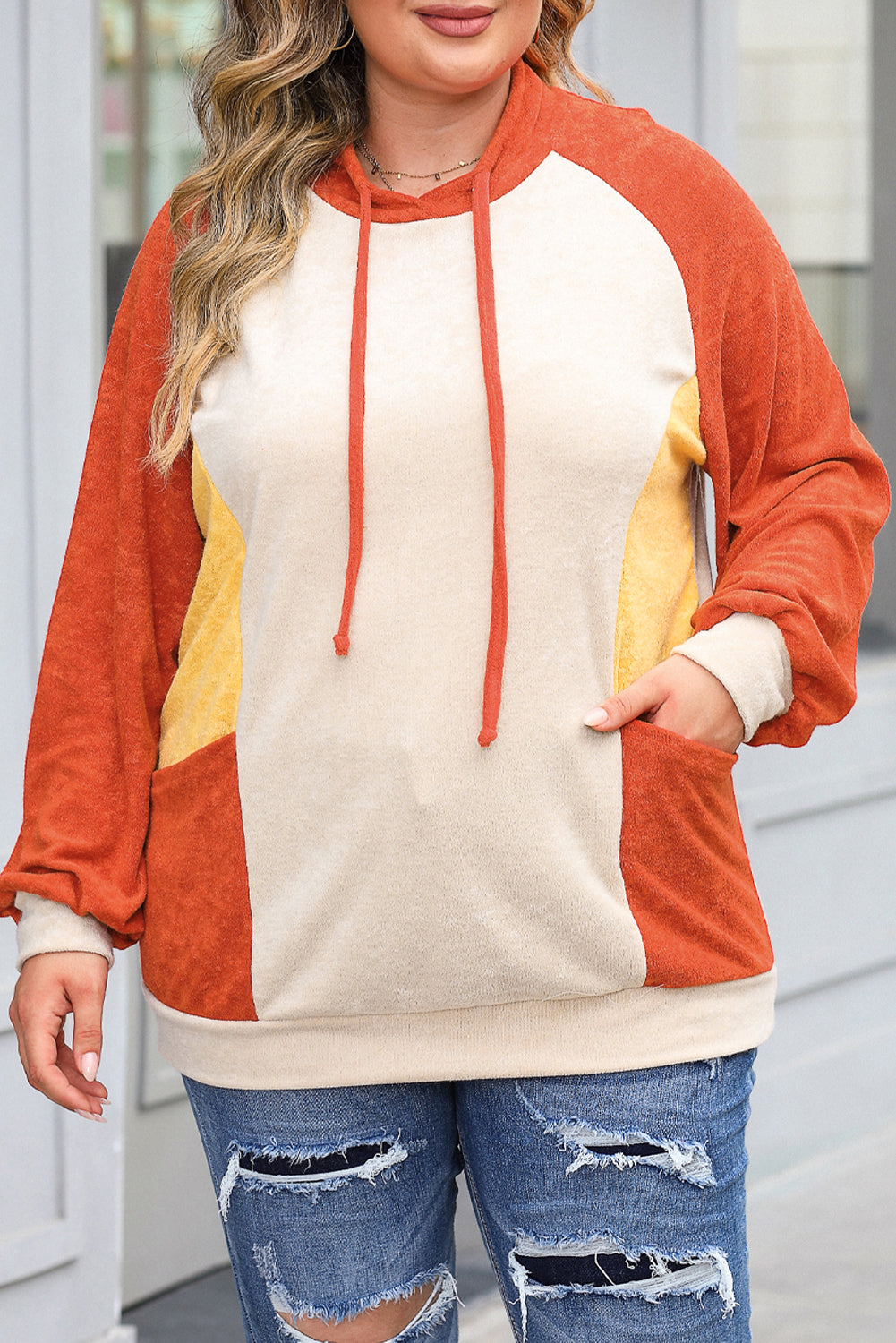 Plus Size Colourblock Raglan Hoodie With Pockets | Orange