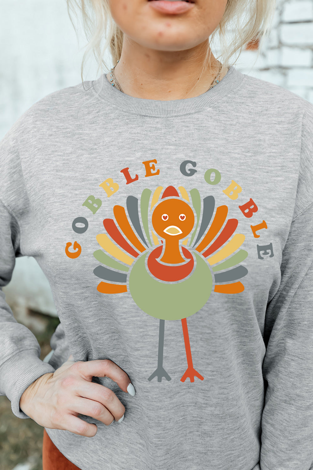 Gobble Gobble Turkey Print Pullover Sweatshirt | Gray