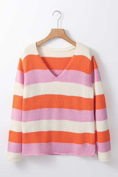 Colourblock V Neck Casual Sweater | Orange Stripe