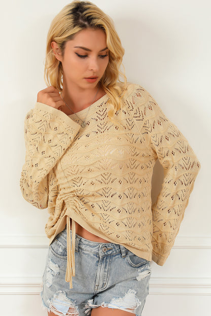 Hollowed Knit Asymmetric Drawstring Sweater | Khaki