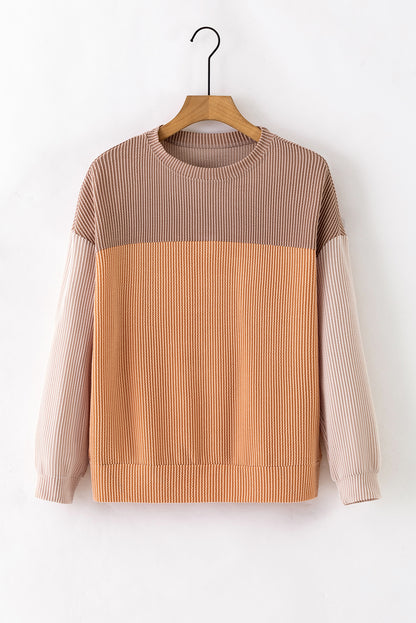 Colour Block Long Sleeve Ribbed Loose Top | Khaki