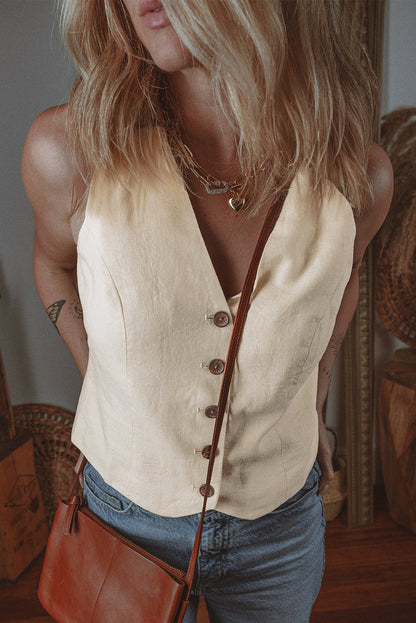 Slim Fit Buttoned V Neck Vest | White