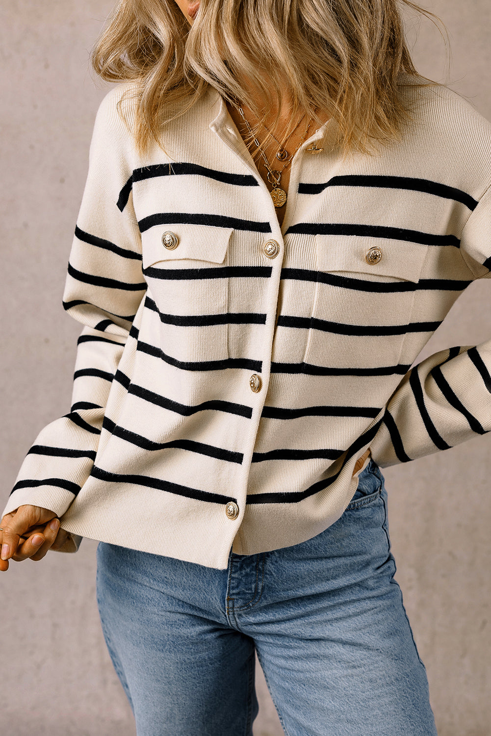 Flap Pocket Buttoned Cardigan Sweater | Black Stripe