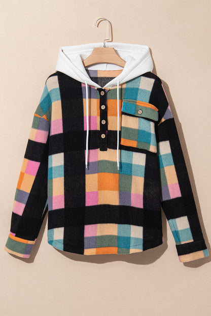 Plaid Colour Block Flap Pocket Buttoned Hoodie | Multicolour