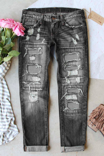 Buttoned Pockets Distressed Jeans | Gray