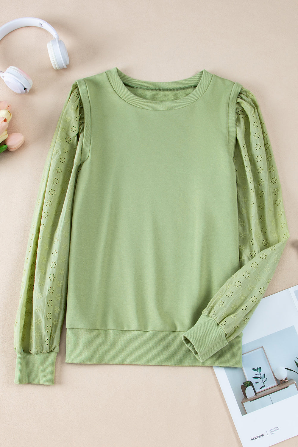 Solid Patchwork Sleeve Round Neck Sweatshirt | Mist Green