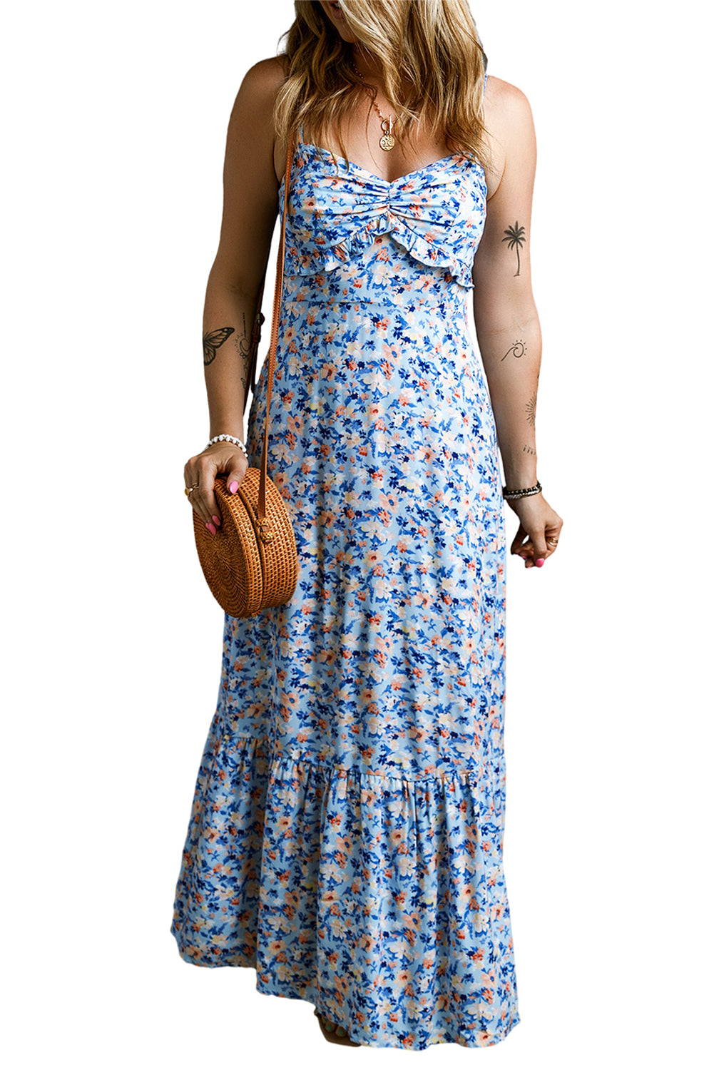 Floral Print Ruffled Ruched Maxi Dress | Sky Blue