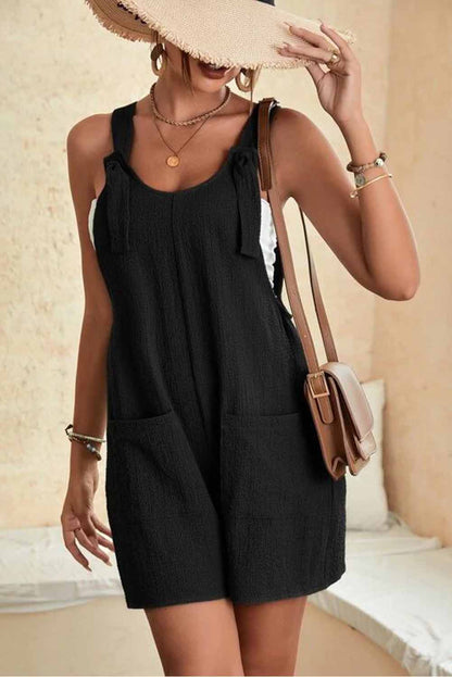 Adjustable Straps Pocketed Textured Romper | Black