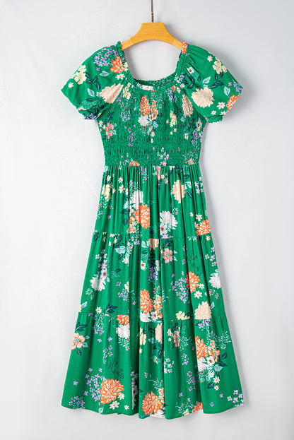 Floral Print Bubble Sleeve Smocked Tiered Midi Dress | Green