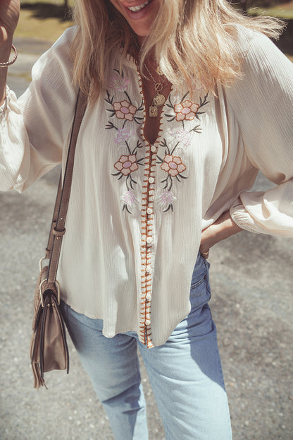 Floral Embroidered Textured Puff Sleeve Loose Shirt | Beige