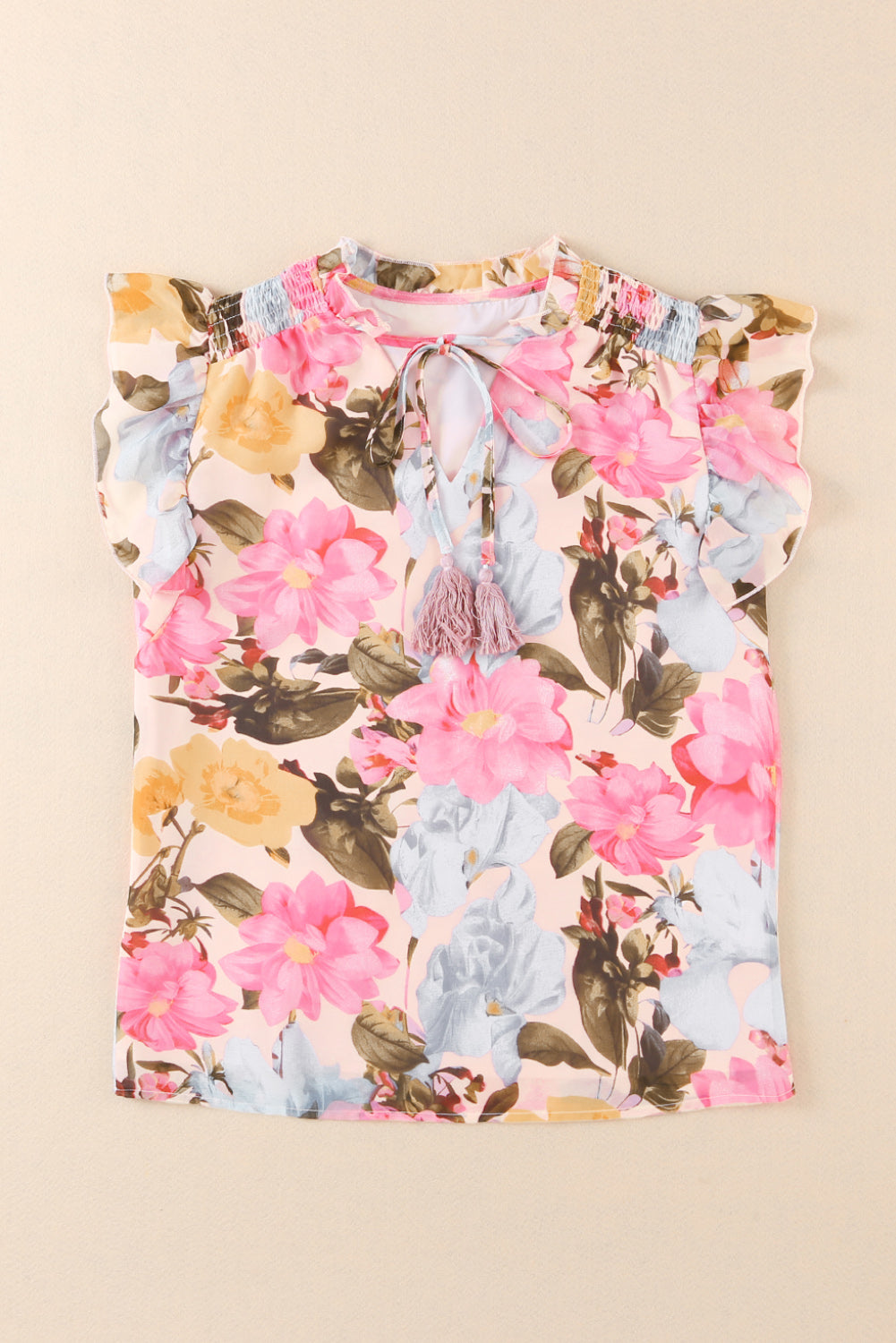 Floral Print Tassel Tie Short Sleeve Blouse | Pink