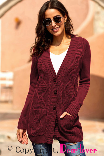 Burgundy Front Pocket And Buttons Closure Cardigan | Red