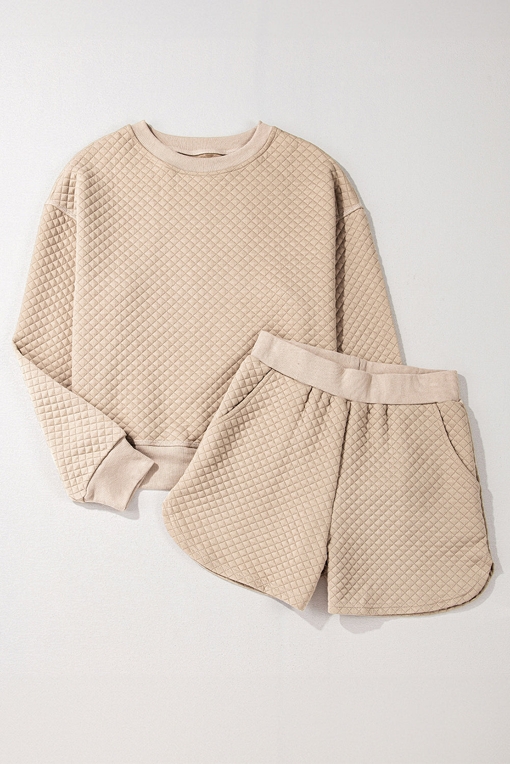 Solid Colour Quilted Long Sleeve Top And Shorts Set | Parchment