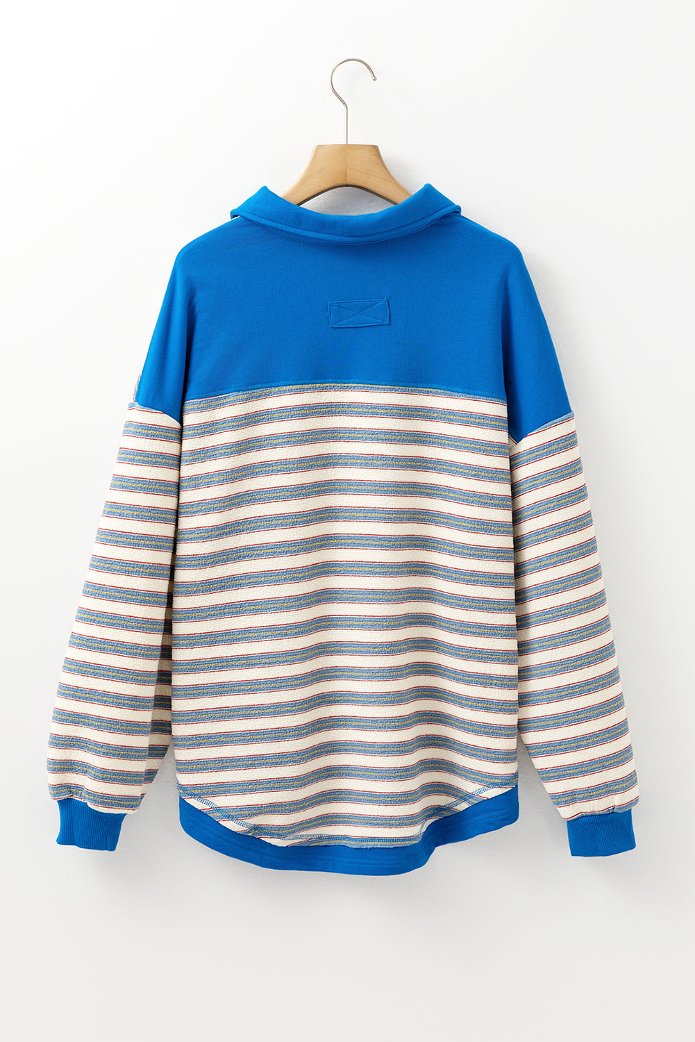 Buttoned V Neck Collared Drop Shoulder Top | Blue Stripe