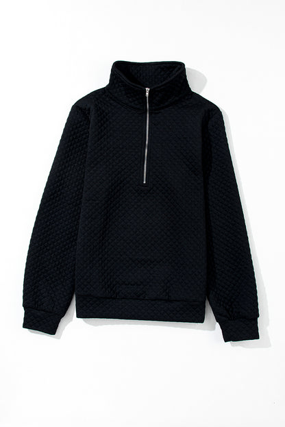 Solid Half Zipper Quilted Pullover Sweatshirt | Black