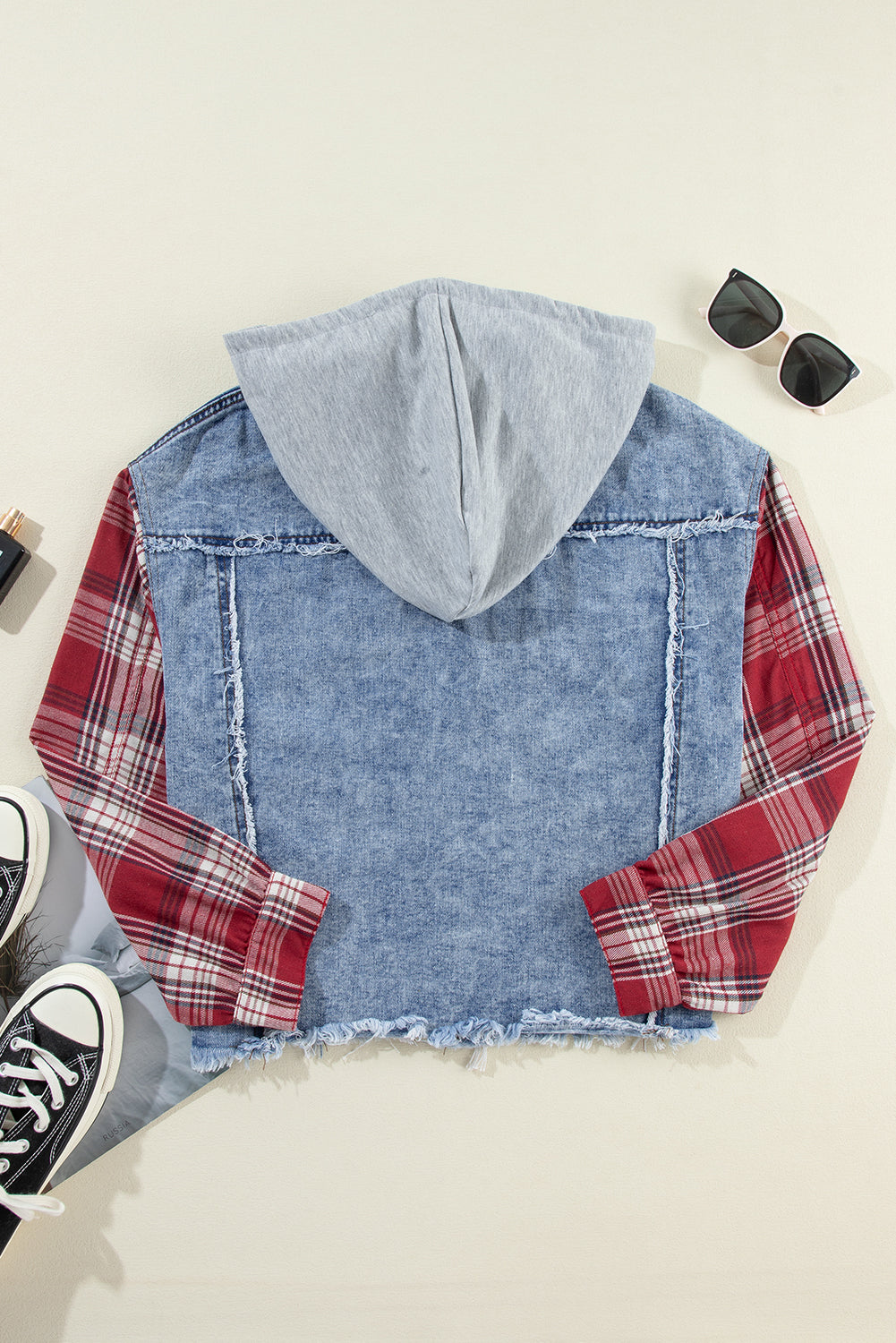 Plaid Print Patchwork Hooded Raw Hem Denim Jacket | Beau Blue