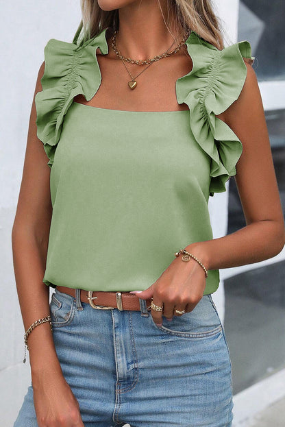 Solid Ruffle Trim Sleeveless Top | Smoke Green