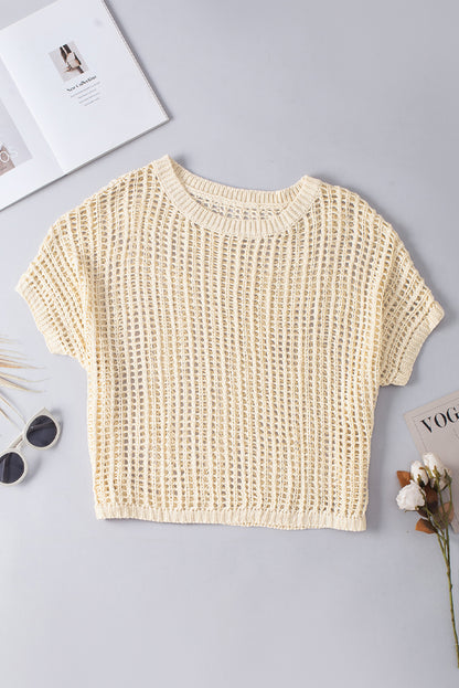 Fishnet Knit Ribbed Round Neck Short Sleeve Sweater Tee | Apricot