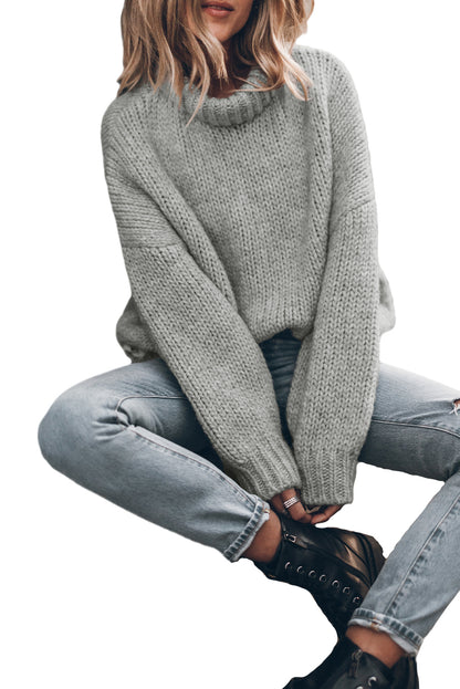 Chunky Knit Turtle Neck Drop Shoulder Sweater | Light Grey