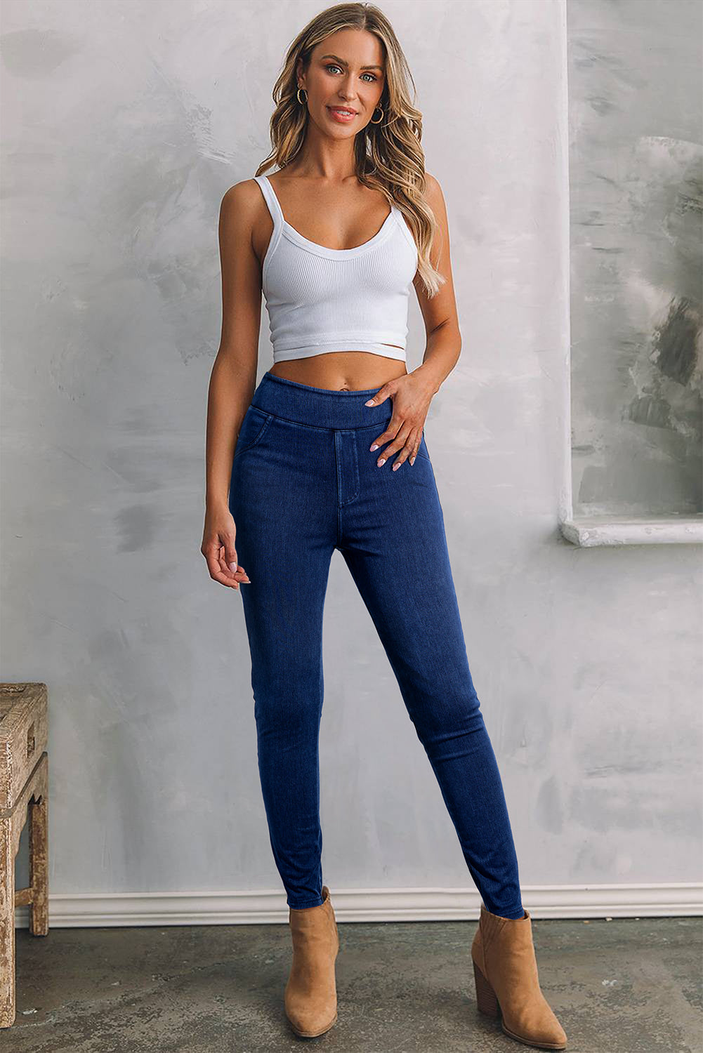 Solid Colour High Waist Stretchy Slim Fit Jeggings | Ashleigh Blue