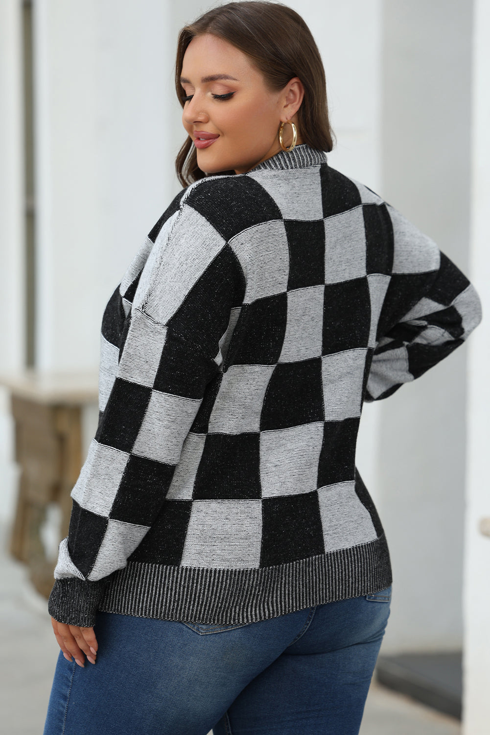 Checkered Drop Shoulder Buttoned V Neck Cardigan | Black