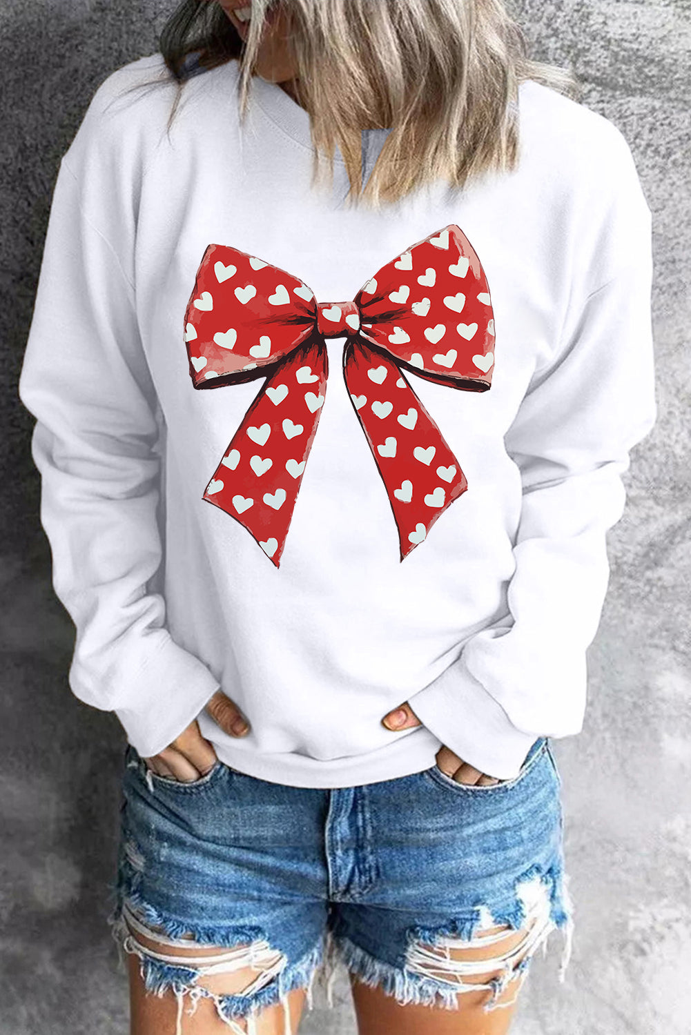 Heart Bow Printed Round Neck Valentines Pullover Sweatshirt | White