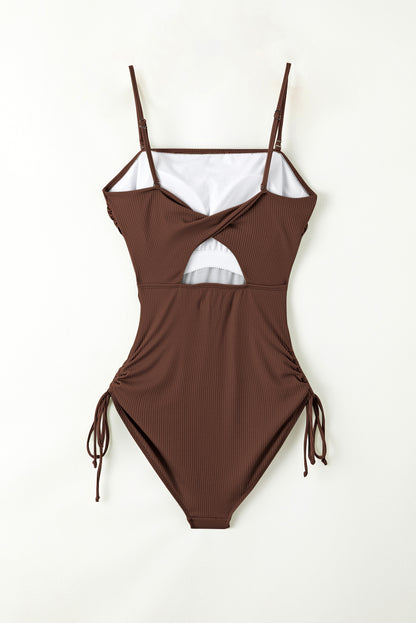 Ribbed Drawstring Sides Cutout One Piece Swimsuit | Coffee