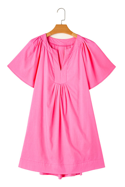 Split V Neck Short Flutter Sleeve Pleated Shift Dress | Bonbon