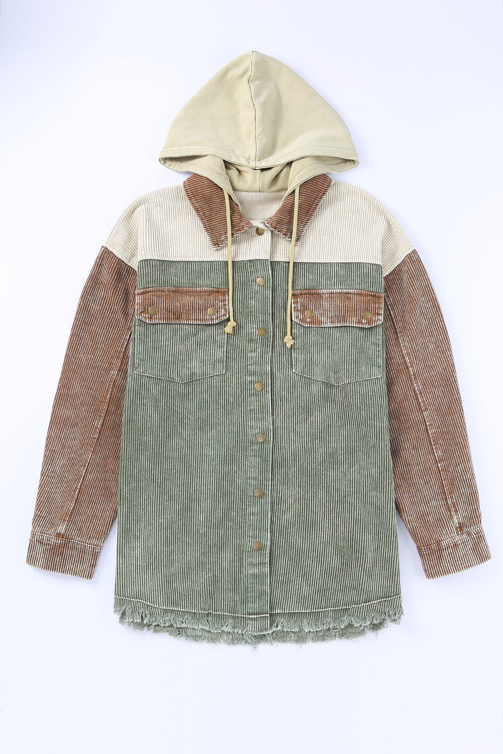 Colour Block Button Down Hooded Corduroy Jacket | Green