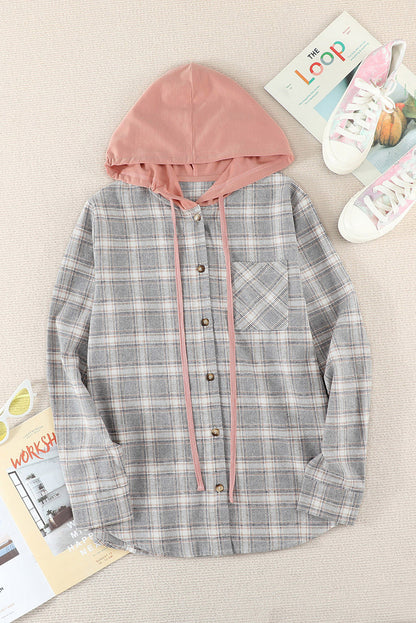 Drawstring Plaid Hooded Shacket | Khaki