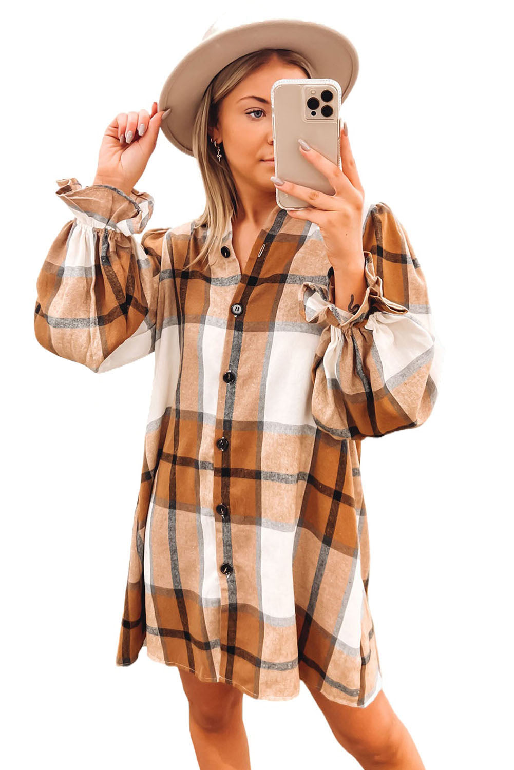 Plaid Pattern Collared Neck Ruffled Sleeve Shirt Dress | Khaki