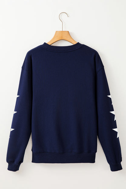 Game Day Printed Star Sleeve Crewneck Pullover Sweatshirt | Navy Blue