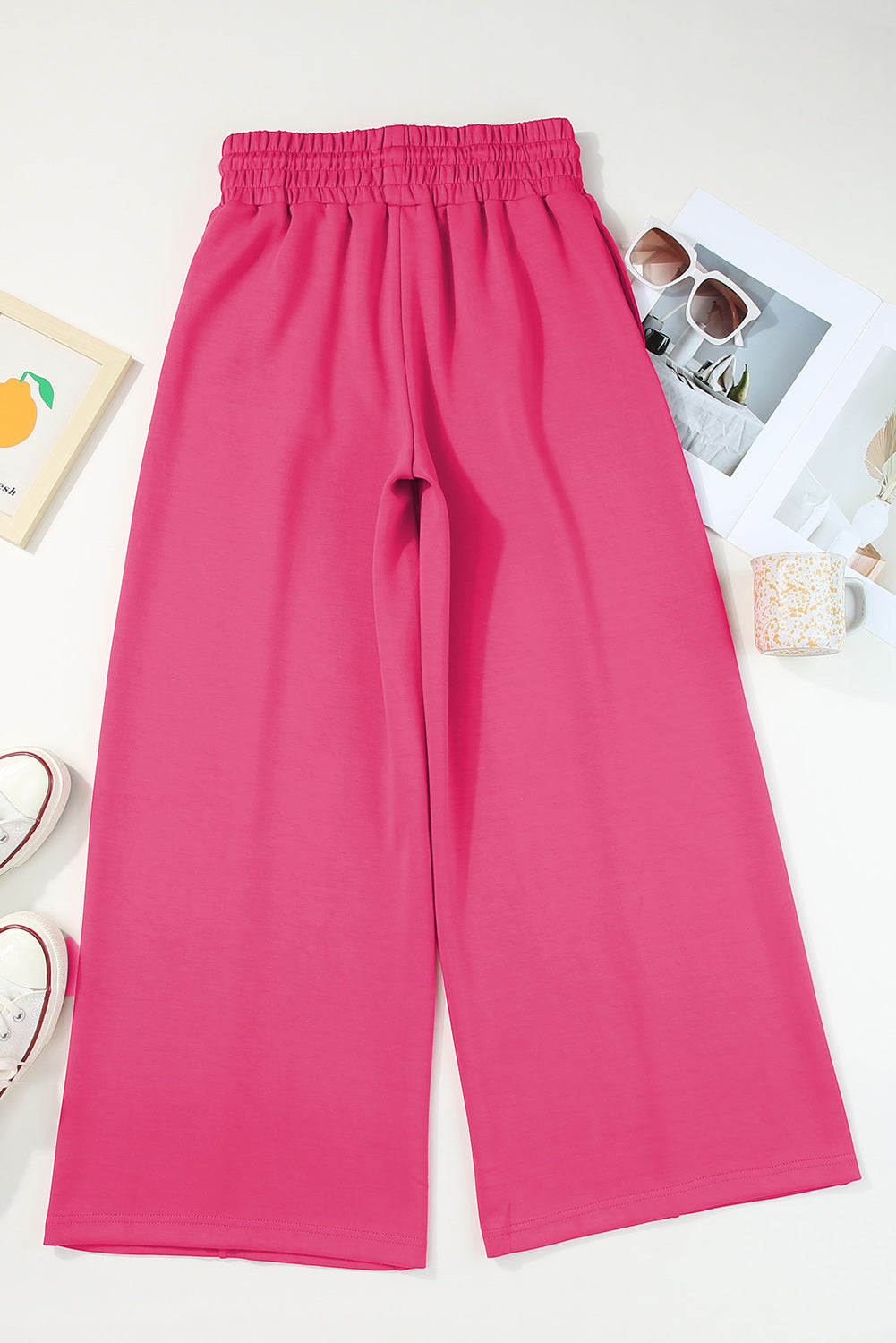 Terry Knit Drawstring Smocked Waist Wide Leg Sweatpants | Rose Red