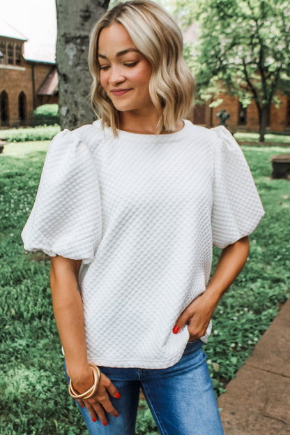 Solid Textured O Neck Puff Sleeve Blouse | White