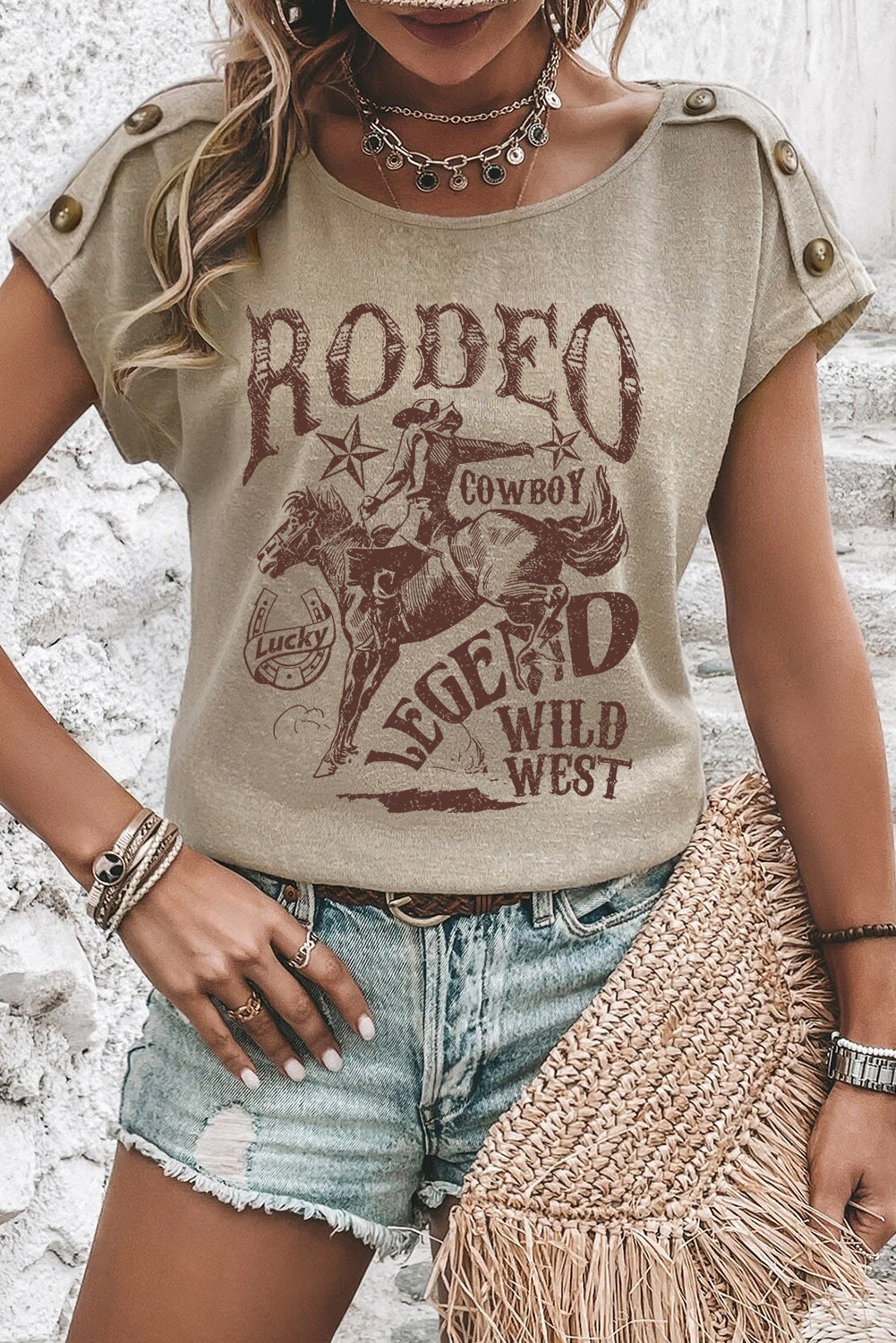 Rodeo Cowboy Graphic Buttoned Batwing Sleeve T Shirt | Smoke Gray