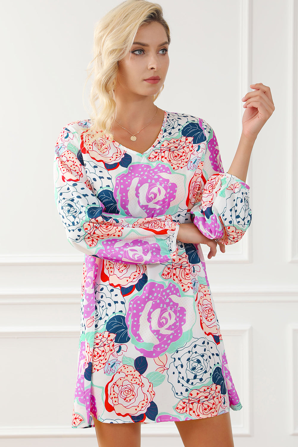 Bracelet Bubble Sleeve Blooming Flower Print Dress | Multicolour