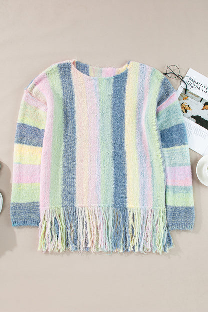 Colour Block Fringed Drop Shoulder Tunic Sweater | Purple