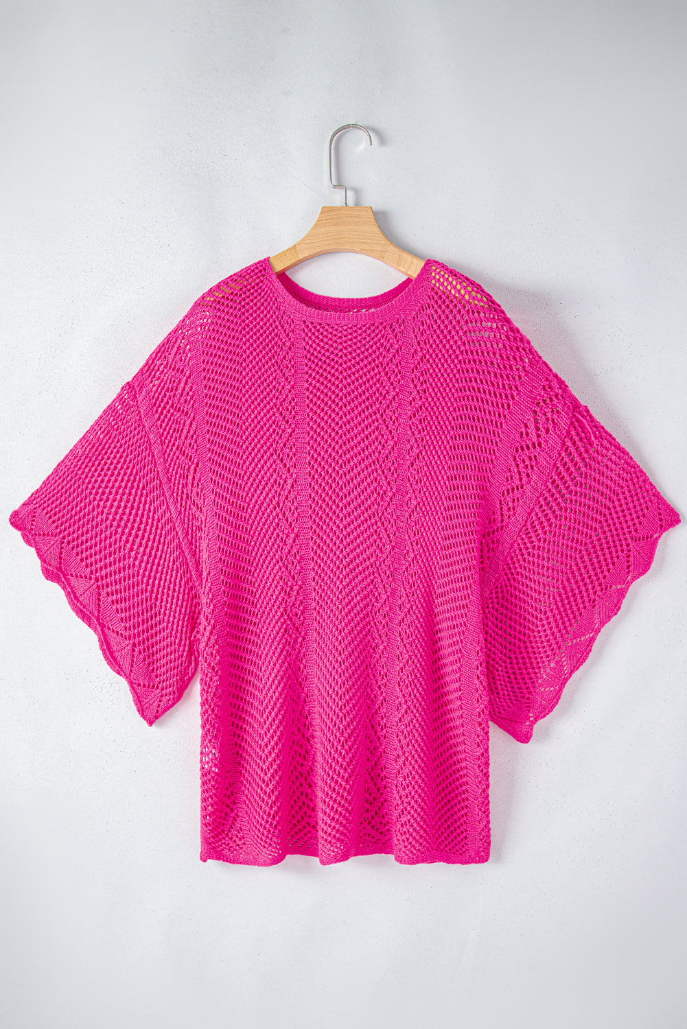 Pointelle Knit Scallop Edge Short Sleeve Top | Rose Red