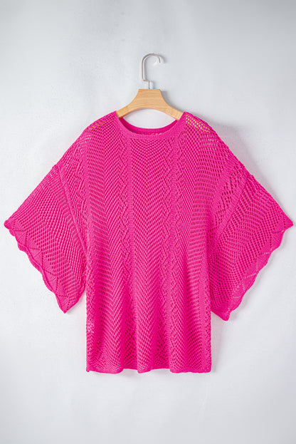 Pointelle Knit Scallop Edge Short Sleeve Top | Rose Red