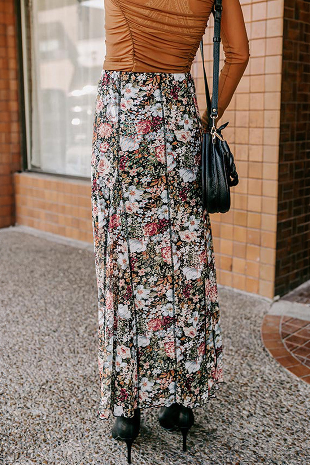 Floral Print High Waist Maxi Skirt | Brown