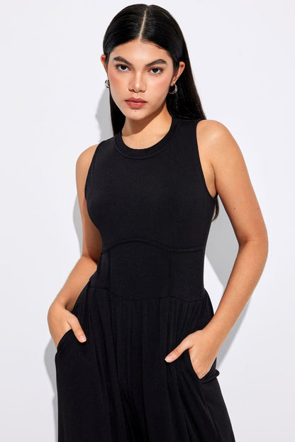 Cinched Waist Sleeveless Wide Leg Jumpsuit | Black