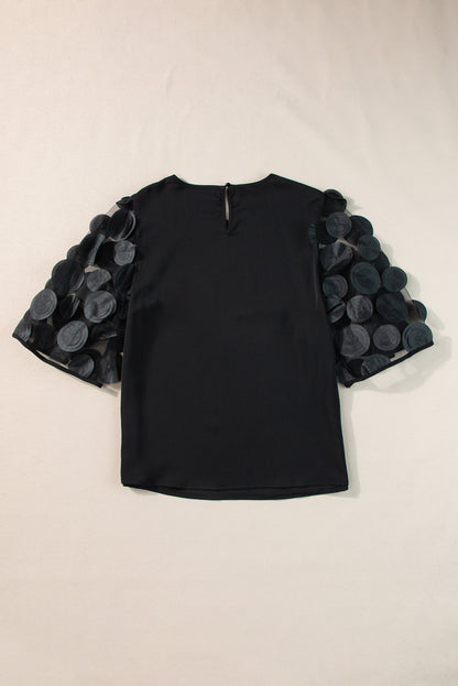 Contrast Applique Mesh Half Sleeve Blouse | Black