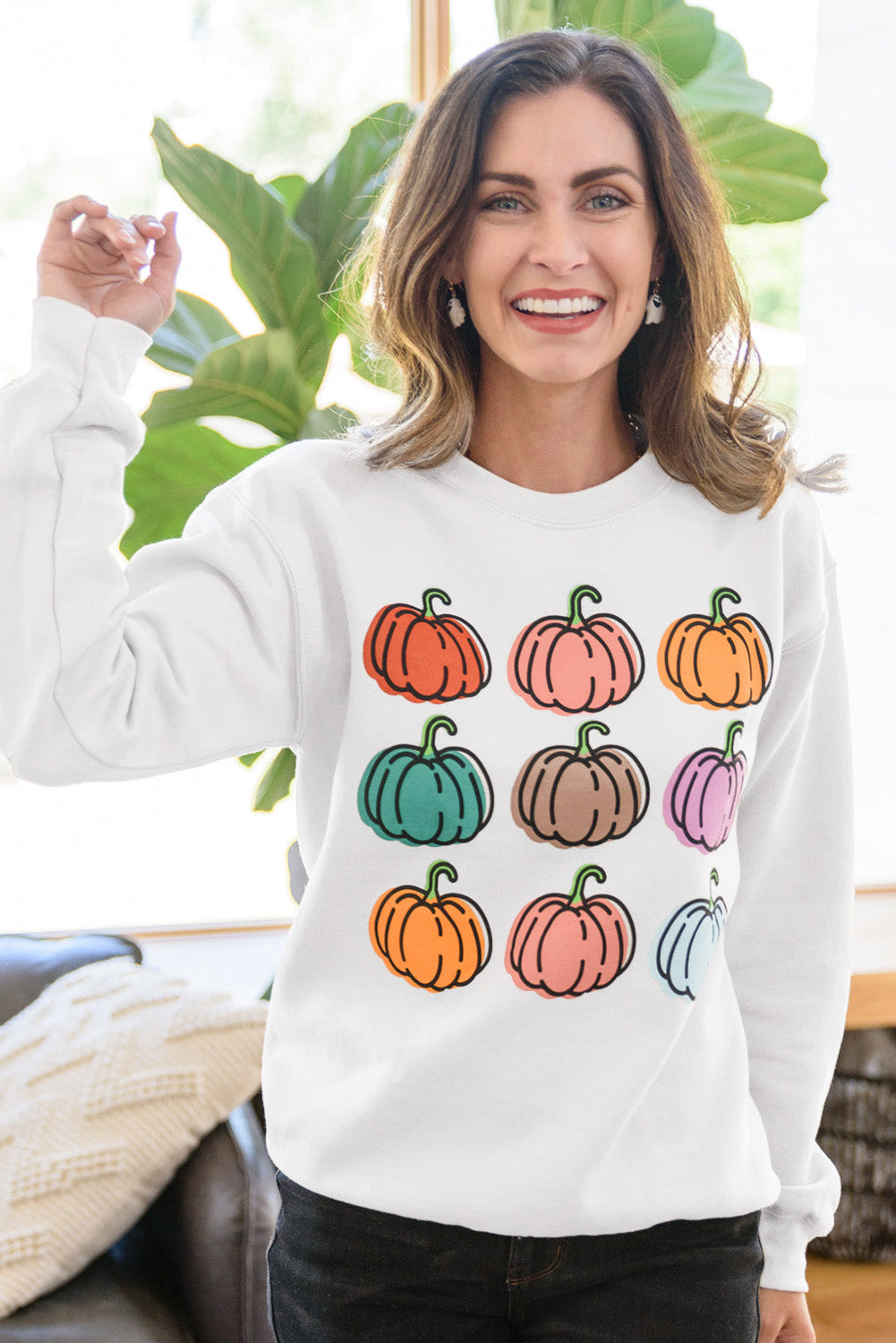 Vibrant Pumpkins Print Crew Neck Halloween Sweatshirt | Beige