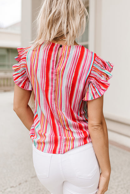 Abstract Print Stitching Ruffle Sleeve Blouse | Stripe