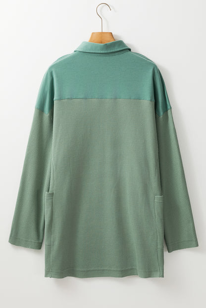 Waffle Long Sleeve Collar Half Button Loose Top | Smoke Green