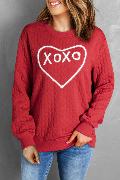 Heart Xoxo Chenille Embroidered Textured Sweatshirt | Racing Red