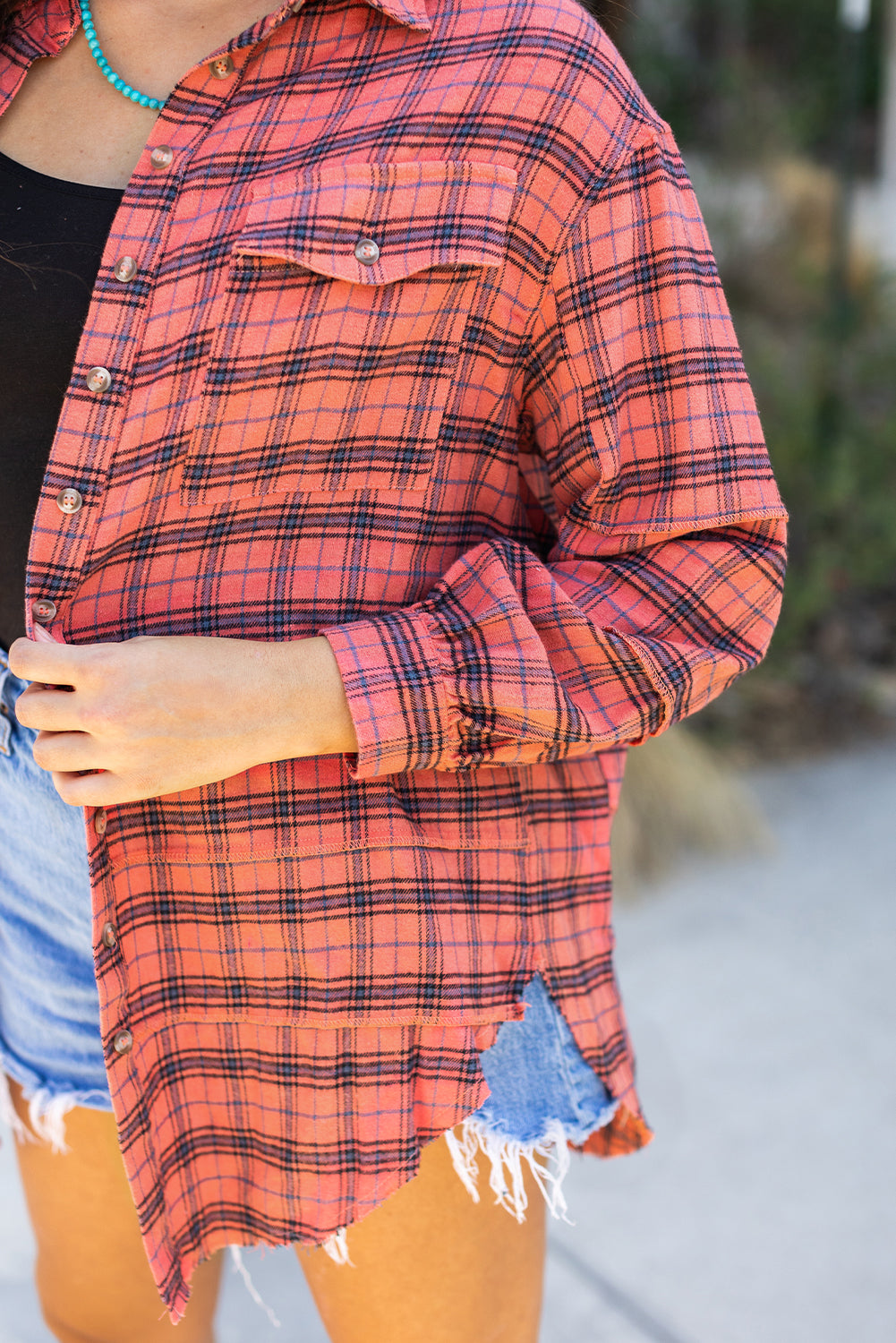 Plaid Long Sleeeve Side Split Distressed Hem Shirt | Red