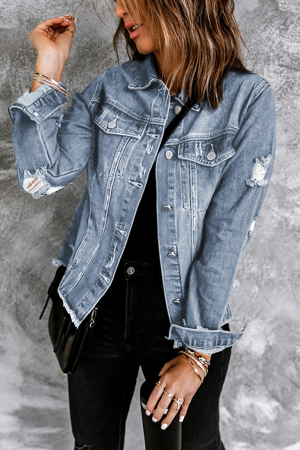 Lapel Distressed Raw Hem Buttons Denim Jacket | Sky Blue