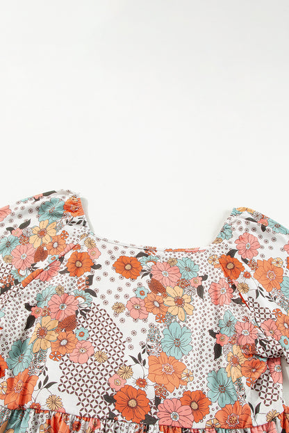 Plus Size Flower Print Square Neck Peplum Blouse | Khaki