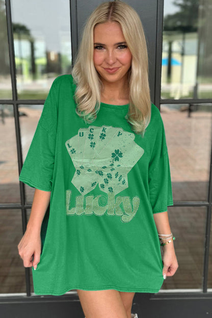 Rhinestone Lucky Poker Cards Oversized T Shirt Mini Dress | Bright Green